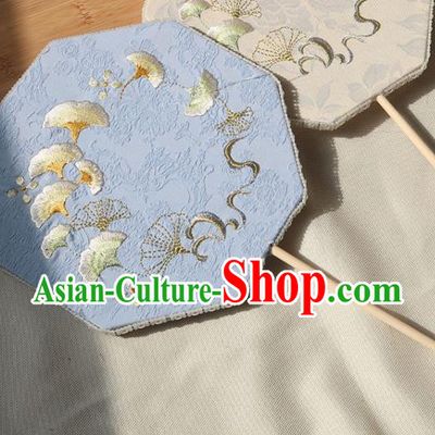 China Traditional Fan Ancient Princess Octagon Fan Handmade Hanfu Blue Silk Fan Wedding Embroidered Ginkgo Palace