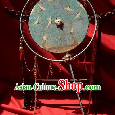 China Traditional Wedding Printing Cranes Palace Fan Ancient Princess Circular Fan Handmade Hanfu Green Silk Fan