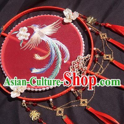 China Handmade Hanfu Red Silk Fan Classical Embroidered Phoenix Circular Fan Traditional Wedding Bride Palace Fan