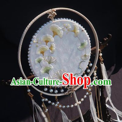 China Classical Hanfu Light Blue Silk Fan Handmade Embroidered Ginkgo Palace Fan Traditional Wedding Ribbon Tassel Fan
