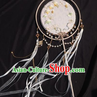 China Traditional Wedding Ribbon Tassel Fan Classical Hanfu White Silk Fan Handmade Embroidered Ginkgo Palace Fan