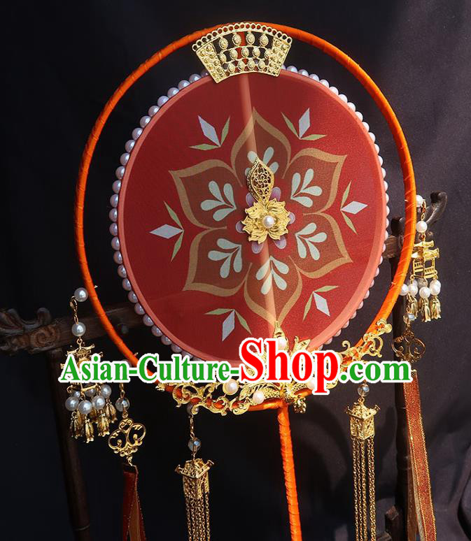China Traditional Wedding Red Silk Fan Classical Hanfu Tassel Fan Handmade Palace Fan China Traditional Wedding Red Silk Fan Classical Hanfu Tassel Fan Handmade Palace Fan