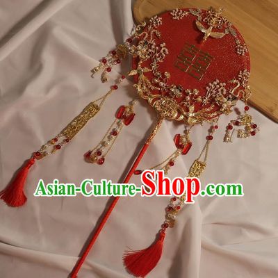 China Handmade Bride Palace Fan Classical Dance Circular Fan Traditional Wedding Red Silk Fan