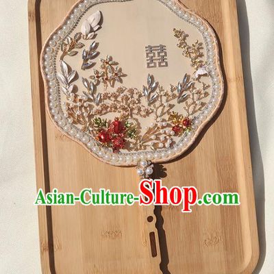 China Handmade Bride Red Pomegranate Palace Fan Traditional Wedding Pearls Fan Classical Dance Silk Fan