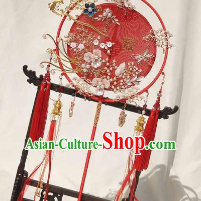 China Handmade Hanfu Red Ribbon Tassel Fan Bride Palace Fan Traditional Wedding Silk Circular Fan