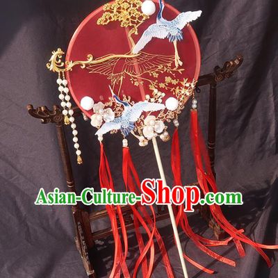 China Bride Red Ribbon Palace Fan Traditional Wedding Circular Fan Handmade Hanfu Bride Fan