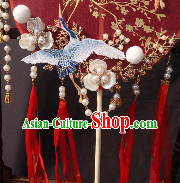 China Bride Red Ribbon Palace Fan Traditional Wedding Circular Fan Handmade Hanfu Bride Fan China Bride Red Ribbon Palace Fan Traditional Wedding Circular Fan Handmade Hanfu Bride Fan