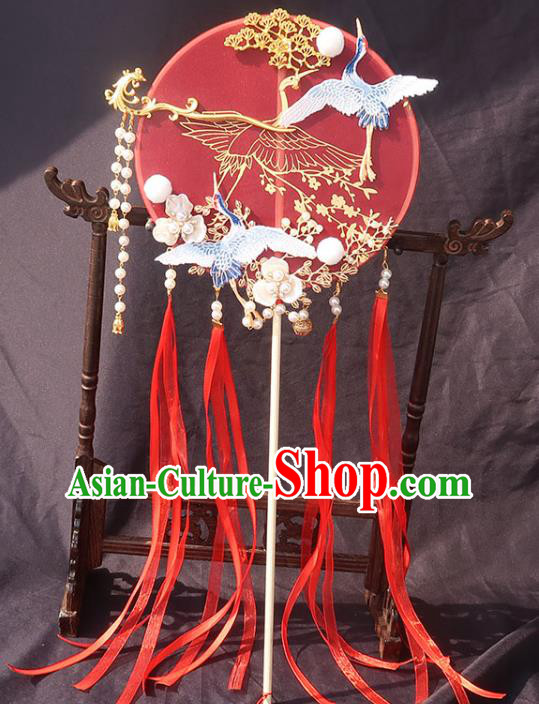 China Bride Red Ribbon Palace Fan Traditional Wedding Circular Fan Handmade Hanfu Bride Fan China Bride Red Ribbon Palace Fan Traditional Wedding Circular Fan Handmade Hanfu Bride Fan