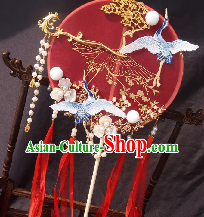 China Bride Red Ribbon Palace Fan Traditional Wedding Circular Fan Handmade Hanfu Bride Fan China Bride Red Ribbon Palace Fan Traditional Wedding Circular Fan Handmade Hanfu Bride Fan