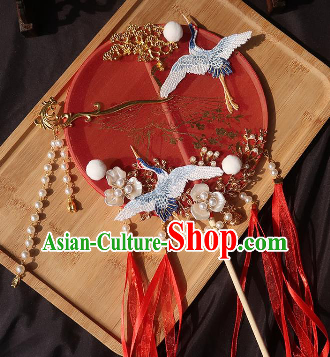 China Bride Red Ribbon Palace Fan Traditional Wedding Circular Fan Handmade Hanfu Bride Fan China Bride Red Ribbon Palace Fan Traditional Wedding Circular Fan Handmade Hanfu Bride Fan