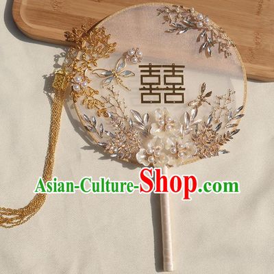 China Traditional Wedding Circular Fan Classical Dance White Silk Fan Handmade Bride Shell Flowers Palace Fan