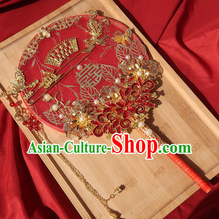 China Traditional Wedding Red Flowers Circular Fan Classical Hanfu Fan Handmade Bride Palace Fan China Traditional Wedding Red Flowers Circular Fan Classical Hanfu Fan Handmade Bride Palace Fan