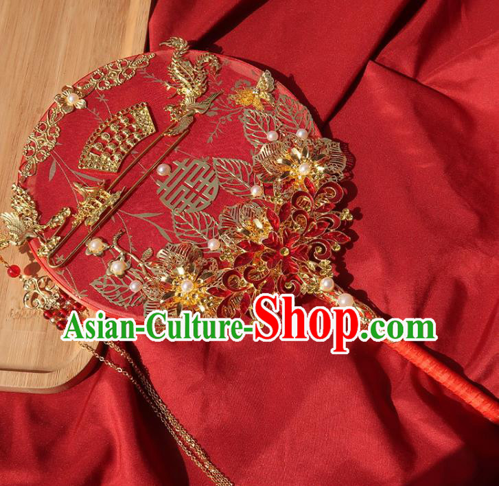 China Traditional Wedding Red Flowers Circular Fan Classical Hanfu Fan Handmade Bride Palace Fan China Traditional Wedding Red Flowers Circular Fan Classical Hanfu Fan Handmade Bride Palace Fan