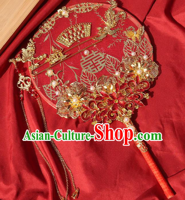 China Traditional Wedding Red Flowers Circular Fan Classical Hanfu Fan Handmade Bride Palace Fan China Traditional Wedding Red Flowers Circular Fan Classical Hanfu Fan Handmade Bride Palace Fan