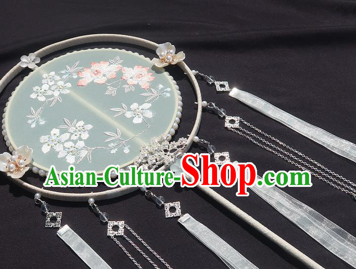 China Classical Wedding Fan Handmade Ribbon Tassel Palace Fan Traditional Hanfu Embroidered Circular Fan China Classical Wedding Fan Handmade Ribbon Tassel Palace Fan Traditional Hanfu Embroidered Circular Fan