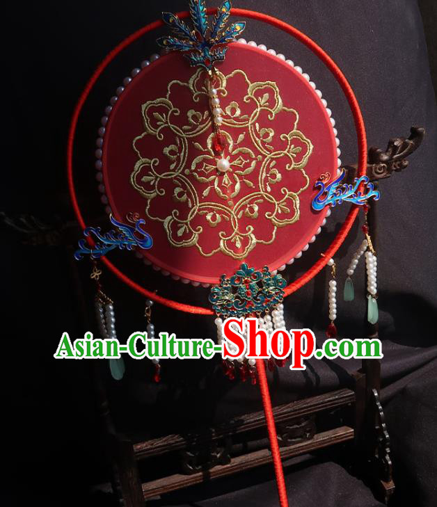 China Traditional Princess Hanfu Fan Handmade Embroidered Palace Fan Classical Wedding Red Silk Fan China Traditional Princess Hanfu Fan Handmade Embroidered Palace Fan Classical Wedding Red Silk Fan