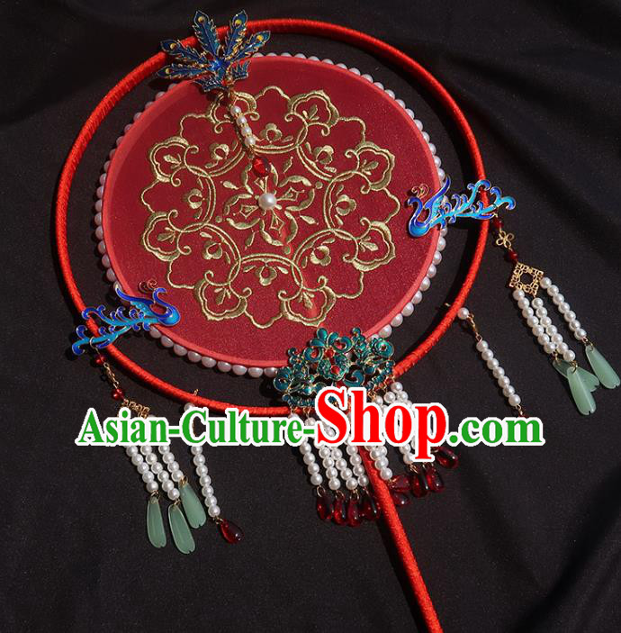 China Traditional Princess Hanfu Fan Handmade Embroidered Palace Fan Classical Wedding Red Silk Fan China Traditional Princess Hanfu Fan Handmade Embroidered Palace Fan Classical Wedding Red Silk Fan