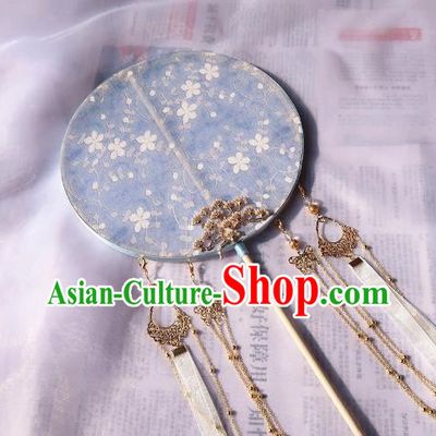 China Handmade Blue Silk Palace Fan Classical Wedding Circular Fan Traditional Ancient Princess Hanfu Fan
