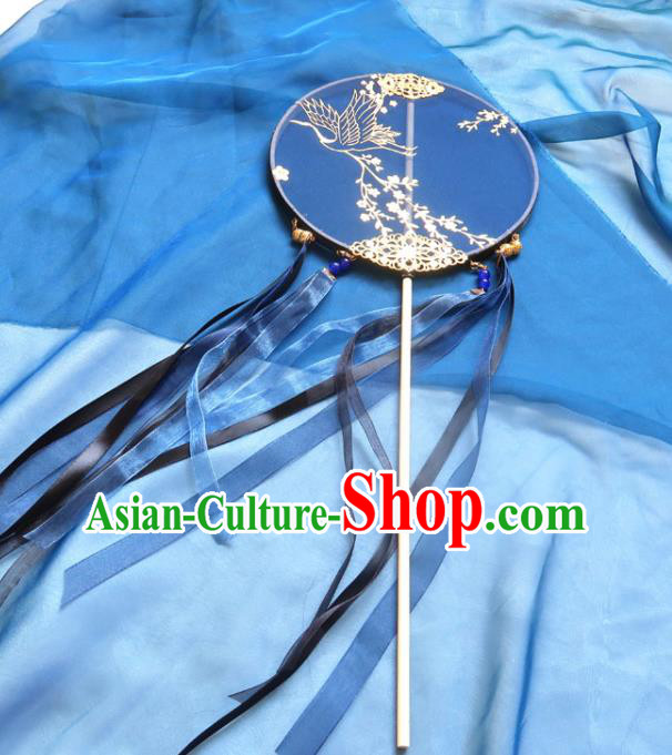 China Handmade Deep Blue Ribbon Palace Fan Classical Wedding Fan Traditional Hanfu Circular Fan China Handmade Deep Blue Ribbon Palace Fan Classical Wedding Fan Traditional Hanfu Circular Fan