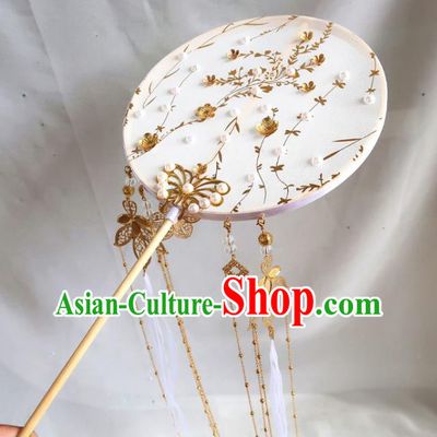 China Handmade Golden Butterfly Palace Fan Traditional Hanfu Circular Fan Classical Princess White Ribbon Wedding Fan