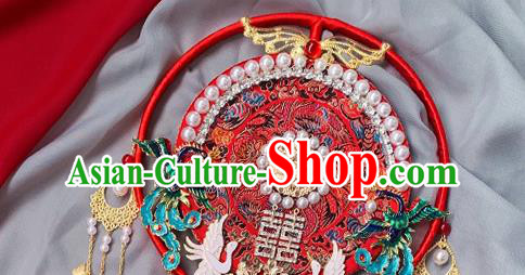China Traditional Hanfu Pearls Circular Fan Handmade Blueing Phoenix Palace Fan Classical Red Fan China Traditional Hanfu Pearls Circular Fan Handmade Blueing Phoenix Palace Fan Classical Red Fan