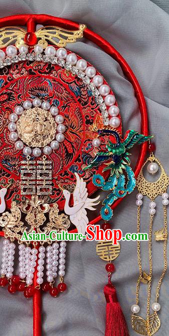 China Traditional Hanfu Pearls Circular Fan Handmade Blueing Phoenix Palace Fan Classical Red Fan China Traditional Hanfu Pearls Circular Fan Handmade Blueing Phoenix Palace Fan Classical Red Fan
