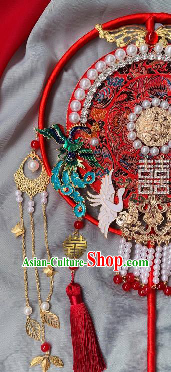 China Traditional Hanfu Pearls Circular Fan Handmade Blueing Phoenix Palace Fan Classical Red Fan China Traditional Hanfu Pearls Circular Fan Handmade Blueing Phoenix Palace Fan Classical Red Fan