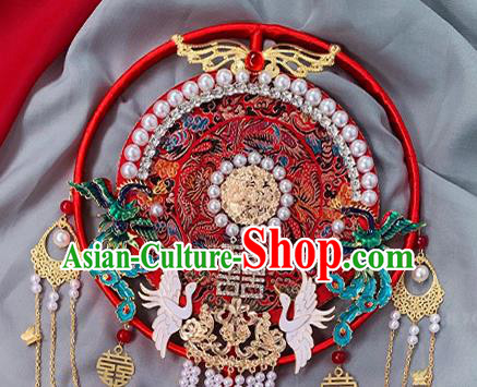 China Traditional Hanfu Pearls Circular Fan Handmade Blueing Phoenix Palace Fan Classical Red Fan China Traditional Hanfu Pearls Circular Fan Handmade Blueing Phoenix Palace Fan Classical Red Fan
