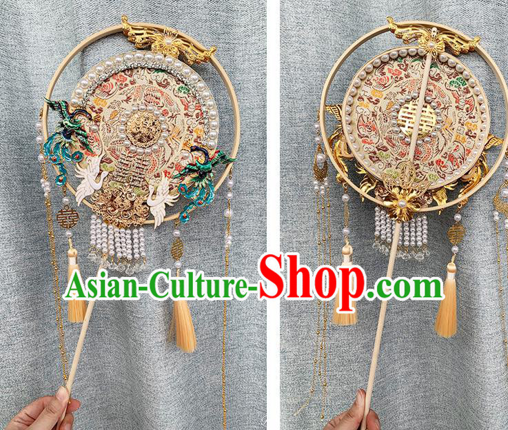 China Classical Champagne Fan Traditional Hanfu Pearls Circular Fan Handmade Blueing Phoenix Palace Fan China Classical Champagne Fan Traditional Hanfu Pearls Circular Fan Handmade Blueing Phoenix Palace Fan