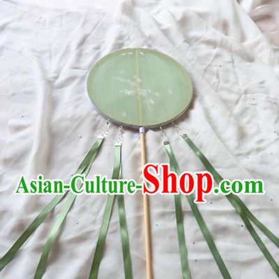 China Traditional Hanfu Light Green Circular Fan Handmade Printing Palace Fan Classical Princess Fan