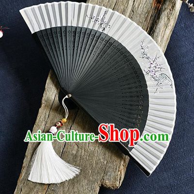 Handmade Chinese Painting Plum Blossom Folding Fan Accordion Fan Black Bamboo Fans