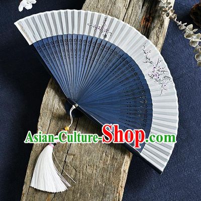 Handmade Chinese Blue Bamboo Fans Painting Plum Blossom Folding Fan Accordion Fan