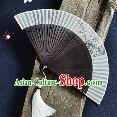Handmade Chinese Accordion Fan Painting Plum Blossom Folding Fan Brown Bamboo Fans