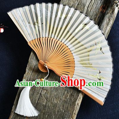 Handmade Chinese Beige Silk Fans Printing Cranes Folding Fan Accordion Fan