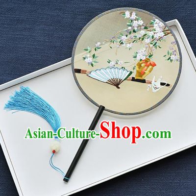 China Classical Dance Circular Fan Handmade Ebony Palace Fan Traditional Embroidered Pear Blossom Yellow Silk Fan