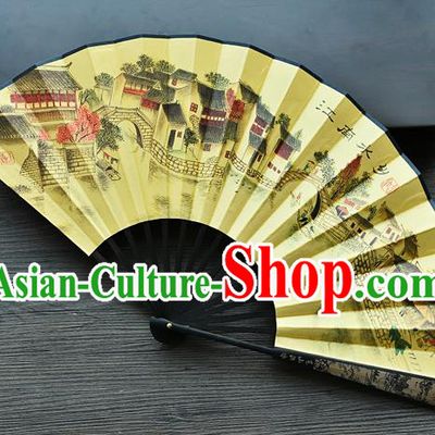 Handmade Chinese Ink Painting Jiangnan Watertown Folding Fan Carving Accordion Fan Ancient Swordsman Fan