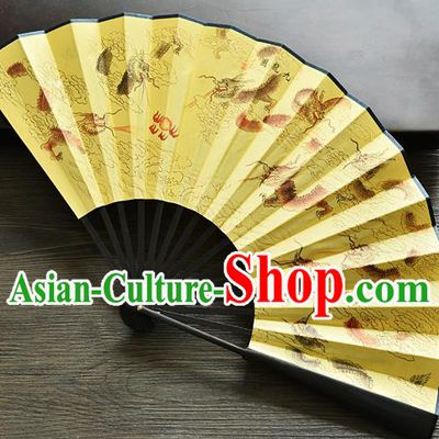 Handmade Chinese Carving Accordion Fan Yellow Silk Fan Painting Nine Dragon Folding Fan