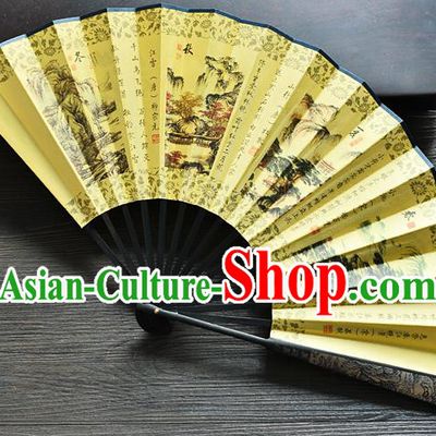 Handmade Chinese Carving Bamboo Fan Accordion Ink Painting Four Seasons Scenery Folding Fan Yellow Silk Fan