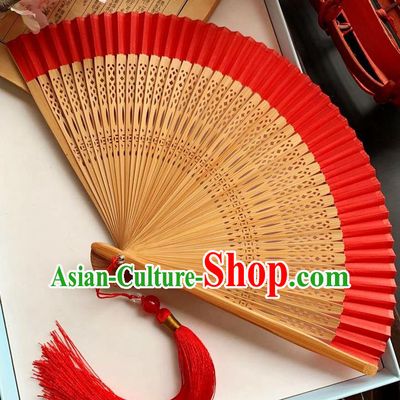 Chinese Carving Bamboo Folding Fan Handmade Fan Classical Red Silk Accordion Fans