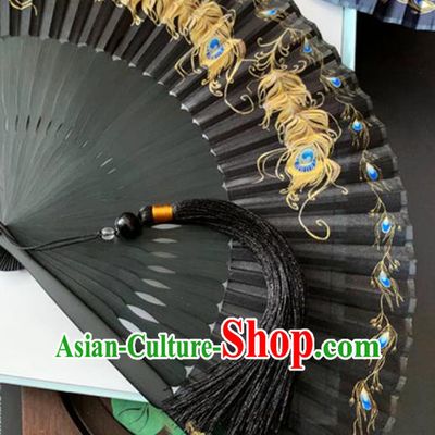 Chinese Classical Black Silk Accordion Fans Printing Peacock Feather Folding Fan Handmade Bamboo Fan