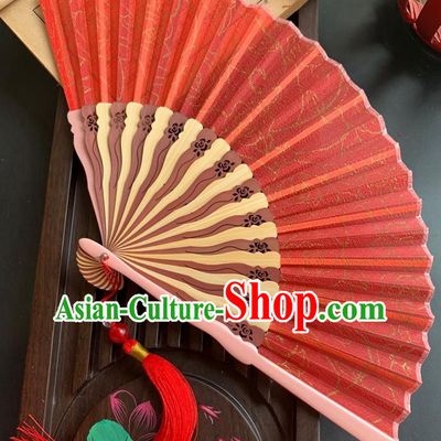 Chinese Handmade Hollowed Bamboo Fan Classical Red Silk Accordion Fans Folding Fan