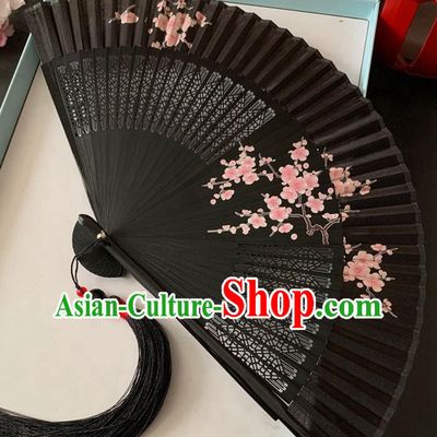 Chinese Handmade Printing Plum Blossom Folding Fan Bamboo Fan Classical Dance Black Silk Accordion