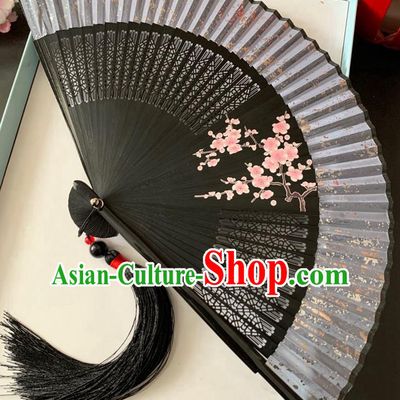 Chinese Handmade Bamboo Fan Classical Dance Grey Silk Accordion Printing Plum Blossom Folding Fan