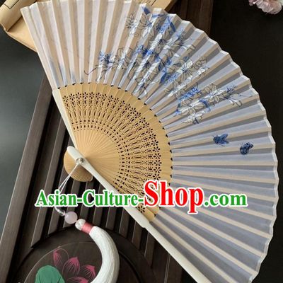 Chinese Classical Dance Silk Accordion Printing Orchids Butterfly Folding Fan Handmade Bamboo Fan