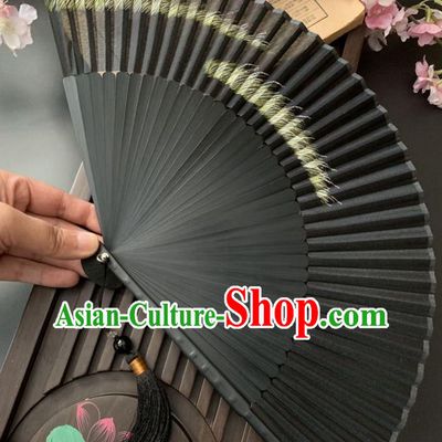 Chinese Printing Reed Folding Fan Handmade Bamboo Fan Classical Dance Black Silk Accordion