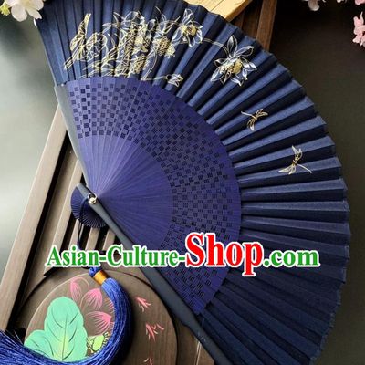 Chinese Printing Dragonfly Lotus Folding Fan Handmade Bamboo Fan Classical Dance Royalblue Silk Accordion