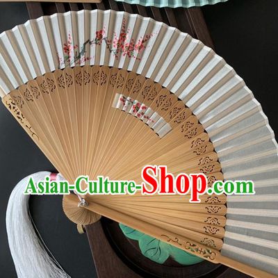 Chinese Printing Plum Blossom Folding Fan Handmade Hollowed Bamboo Fan Classical Dance White Silk Accordion
