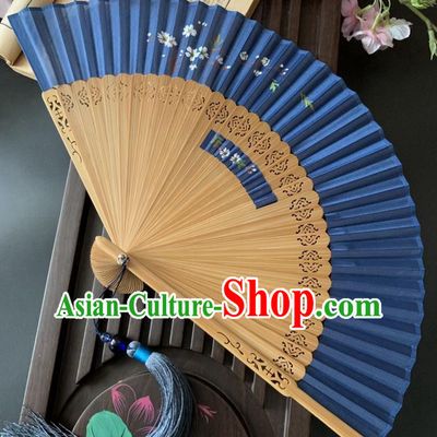 Chinese Printing Sakura Folding Fan Handmade Hollowed Bamboo Fan Classical Dance Royalblue Silk Accordion