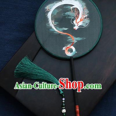 China Handmade Green Silk Fan Classical Dance Circular Fan Traditional Embroidered Dragon Palace Fan