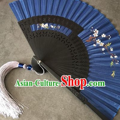 Chinese Classical Dance Royalblue Silk Accordion Printing Sakura Folding Fan Handmade Hollowed Bamboo Fan